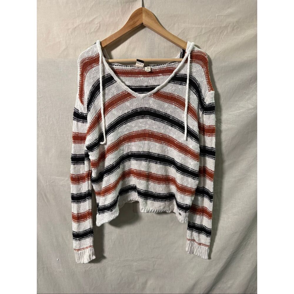 Roxy Hooded Knit Sweater Womens M White Rust Stripe Cotton Beach Pullover Boho